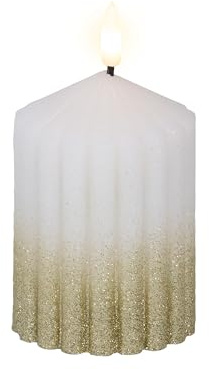 LED Kerze mit Timerfunktion 7x10cm Wachs - mit Rillen & Glitzer - Echtwachskerze batteriebetrieben - Wachskerze Stumpenkerze - Weiß Warmweiß