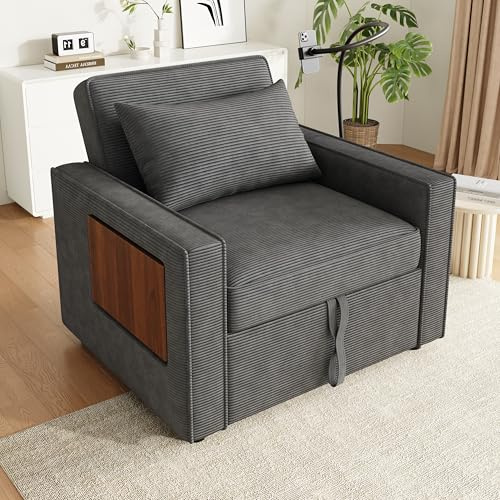Mielvu Sofá cama plegable multifuncional con puerto de carga USB y soporte para teléfono móvil, 1 plaza, sofá cama convertible, ahorra espacio para salón y dormitorio, tela de pana (gris)