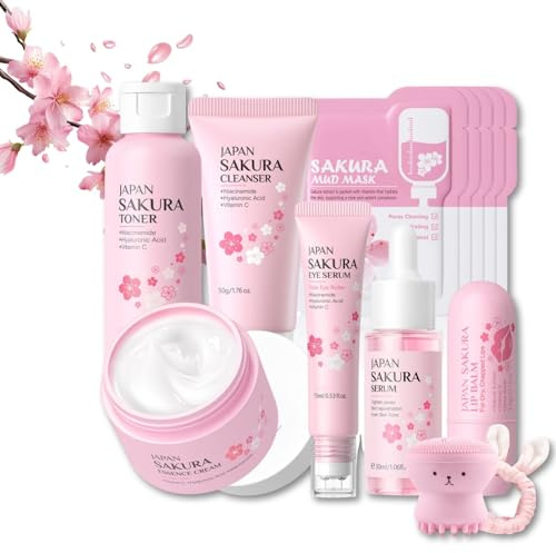 Sakura Skincare Set 13pcs mit Hyaluron & Niacinamide,Feuchtigkeits-Schlammmaske,Serum,Gesichtscreme,Gesichtsreiniger,Gesichtswasser,Augenserum&Lippenbalsam,Geschenke zum Muttertag,Geschenk Set