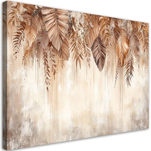Feeby Wandbilder - Bilder Schlafzimmer - Hängende Blätter Natur Boho - 100x70 1tlg - Wohnzimmer Bild Groß - Wohnungs - Foto Geschenk - Leinwand Wall Art - Wand Deko