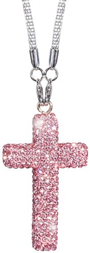 CREATCABIN Glitzerndes Kreuz Auto Anhänger Kreuz Aus Strasssteinen Rückspiegel Anhänger Auto Rückspiegel Dekoration Für Damen Und Herren Universelles Auto Innenausstattungszubehör Rosa
