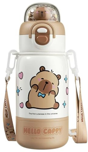 Capybara Water Bottle 400ml/14oz Cute Stainless Steel Water Bottle with Straw & Strap & Drinking Cup Portable Heat-Resistant Food Grade for Kids & Girls, White