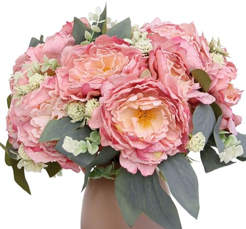 KP HOME Bouquet De Pivoines Artificielles en Soie – 12 Têtes, H 40 cm, Tiges Flexibles – Fleurs Artificielles Rose pour Intérieur Et Extérieur, Centre De Table, Décoration Événements Ou Cimetière
