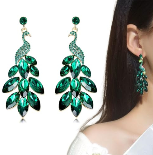 YAZWUR Pfau Ohrringe Grün Statement Hängeohrringe für Damen Kostüm Accessoires für Karneval Fasching Halloween Boho Kristall Schmuck