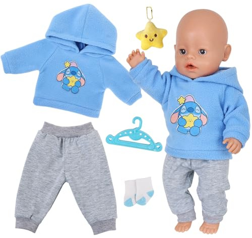5 Stück Puppenkleidung für 12-18 Zoll Baby Puppen, Blaue Welpen Puppenkleidung 30-43cm mit 1 Hoodie 1 Hose 1 Socken 1 Kleiderbügel 1 Sternförmiges Ornament für Puppen Zubehör Kinder Geschen