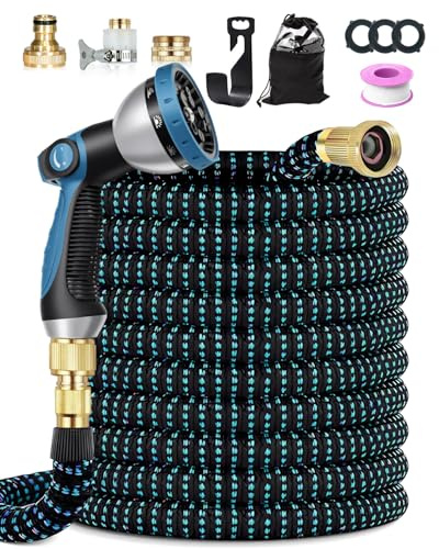 Garden Hose Pipe, 30M/100FT Expandable Garden Hose, 10 Spray Mode Hosepipe for Garden, 4 Layer Latex, 3/4&1/2 Metal Connectors, Hands-Free Spray Gun, Flexible & No-Leak Water Hose for Washing, Blue