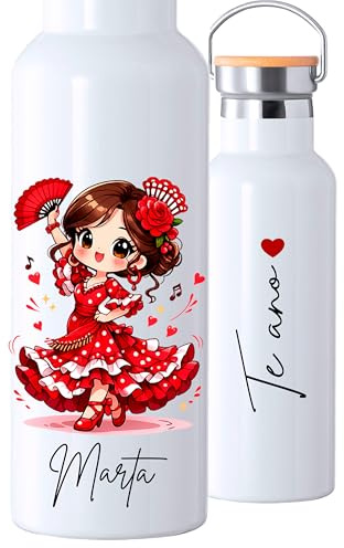 Botella térmica 500ml Personalizada de Flamenca con Nombre y opcion a dedicatoria, regalo original para flamencas, (MORENA)