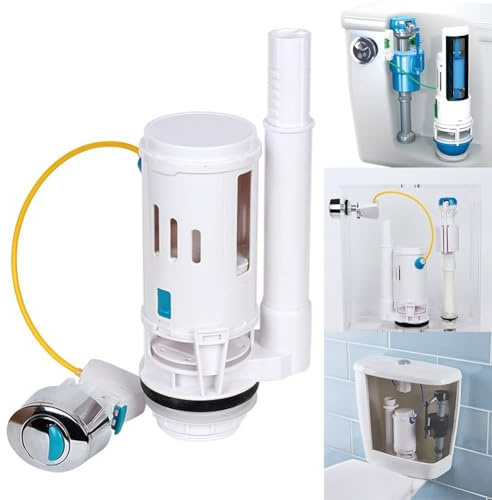 Replacement Dual Flush Valve Push Button for Toilet Cistern Featuring Adjustable Overflow Pipe and Threaded Chrome Oval Button, Fits 5 and 2 Outlet