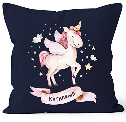 SpecialMe® Kissen-Bezug Einhorn mit Namen Kissen-Hülle Namenskissen Baumwolle personalisierte Geschenke Dekokissen Navy Unisize