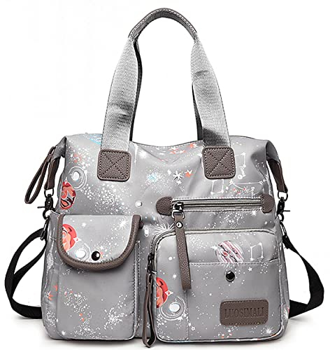 SHIFANQI Tote Bag for Women, Purse and Handbags with Multi Pockets & Zip, Lightweight Ladies Top Handle Shoulder Bag, Nylon Cross body Messenger Bag for Work School, Travel (Grey Star Sky)