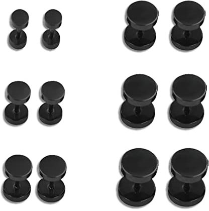PLABBDPL 6 Paires Boucles d’Oreilles Barbell Haltère a Visser Hypoallergénique Boucle d’Oreille Ronde Clou Piercing Tragus Noir Hommes,Femmes, 4 mm/ 6 mm / 7 mm / 8 mm / 10 mm / 12 mm