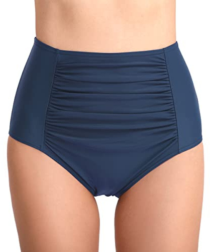 Womens High Waisted Bikini Bottoms Retro Ruched Front Swim Briefs Blue,S