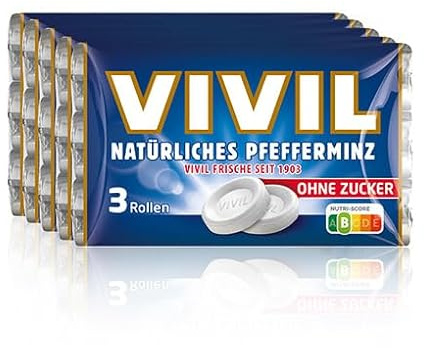 VIVIL Rollen Natürliches Pfefferminz ohne Zucker, 5 x 3er Pack, frische Pastillen mit Pfefferminzgeschmack, zuckerfrei & vegan, 15 x 28g