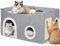 Foldable Cat House, 2-Layer Large Soft Cat Bed Cave Cube with Scratching Board, Hideaway and Fluffy Ball, Grey
