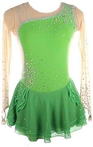 CHAGMEA Langärmliges Eiskunstlaufkleid Für Damen, Lyrisches Ballett Tanzkostüm Mit Glänzendem Strass Mesh, Patchwork Gymnastik Lyrik Tanzkostüm,Grün,S
