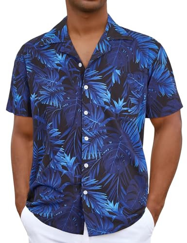 iCKER Hawaiian Shirt - Mens Short Sleeve Floral Classic Print Casual Regular Fit, Blue TF200, M