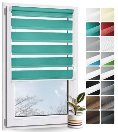 Rollmayer Doppelrollo Klemmfix ohne Bohren Türkis B70 x H130cm | Klemmrollo Fensterrollo Duo Rollo Sonnenschutzrollo Zebrarollo Seitenzugrollo für Fenster und Tür