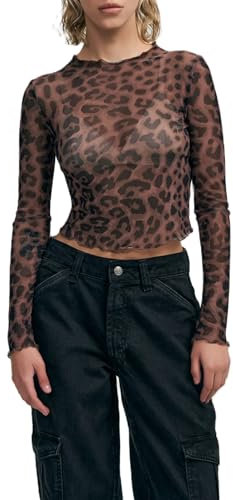 Leopard Print Mesh Tops for Women Y2K Slim Fit Long Sleeve Sexy See Through Fitted Layering Tops Going Out Tops Teens Girls Crop Top (Cropped Red Brown, S)