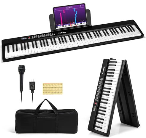 COSTWAY Piano Digital de 88 Teclas, Teclado Piano Eléctrico Plegable, Piano Digital Portátil Semipesado con MIDI, Atril, 1000 Ritmos, 1000 Timbres y Bolsa de Transporte para Niños, Adultos (Negro)