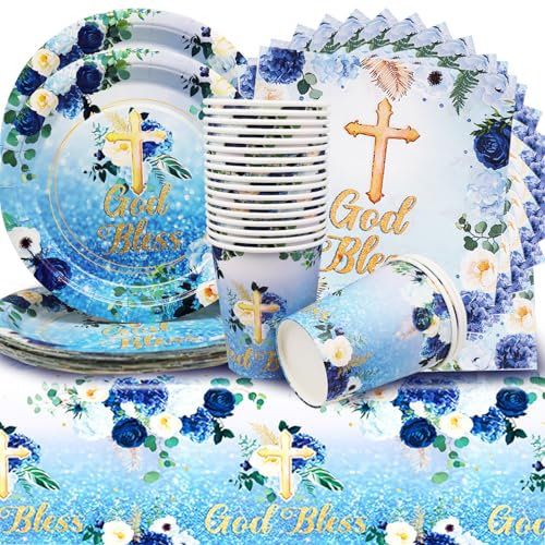 Set di stoviglie per feste di comunione, decorazione da tavolo, eucalipto, decorazione da tavolo, per battesimo, cresima, comunione, decorazione per ragazzi (20 ospiti)
