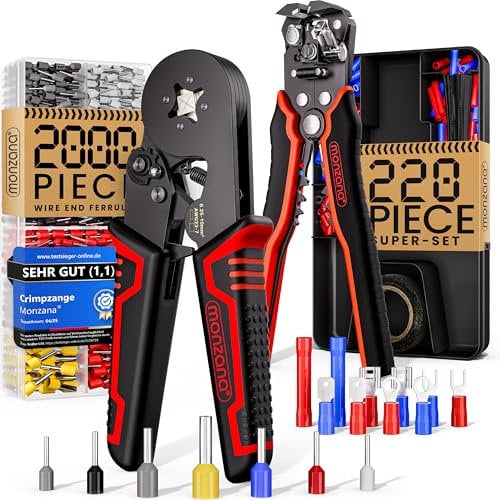MONZANA® Crimpzange Vierkant 0,25-10mm² 2000tlg. Abisolierzange 3in1 Set 220-teilig Zubehör Box 0,2-6mm² Aderendhülsen Set Tasche Aderendhülsenzange