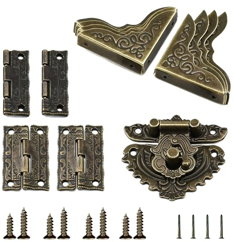 LE-stone Antique Embossing Hasp Latch Lock 8Pcs Corner Protector 4Pcs Mini Hinge with Matching Size Screws for Wooden Crates Jewelry Boxes Storage Boxes