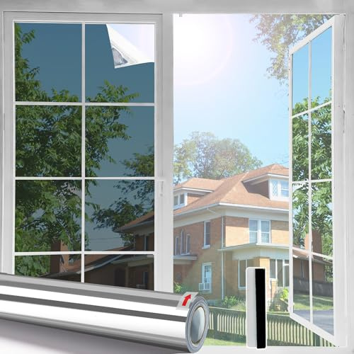 Linarun Privacy Window Film 115x400 Window Film Privacy Film for Glass Windows Daytime One Way Mirror Effect See Out Not In Heat Reflective Anti Glare Blocking UV, Silver Vinyl, Static Cling