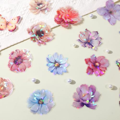 Shimmeroo 60PCS Sparkly Flower Stickers for Scrapbooking,Transparent Flower | Aesthetic Stickers Scrapbook Sticker for Journal,Card,Scrapbook,Laptop