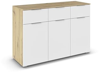 Rauch Möbel Alabama, Kommode, Farbe Weiß/Eiche Artisan, Maße 120x81x42 cm | Sideboard, 3-türig, 3 Schubladen, Soft-Close-Funktion, Griff Alufarben, für Schlafzimmer, Kinderzimmer, Garderobe, Flur