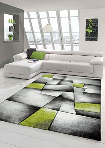 Moderner Designer Teppich für Wohnzimmer Schlafzimmer Garderobe Kurzflorteppich mit Konturenschnitt Karo Muster Grün Grau Weiß Schwarz Größe 120x170 cm