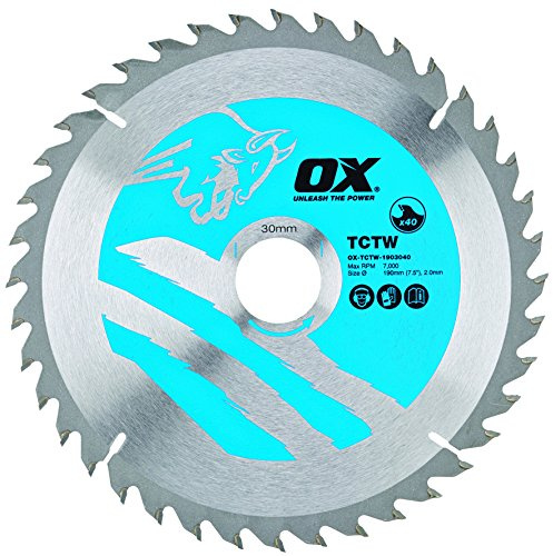 OX Wood Cutting Circular Saw Blade 190/30mm, 40 Teeth ATB | Tough ATB Tooth Configuration, Reamed Bore for Precision Fit to Spindle, Embedded Tungsten Tip Supplied with Reducing Rings