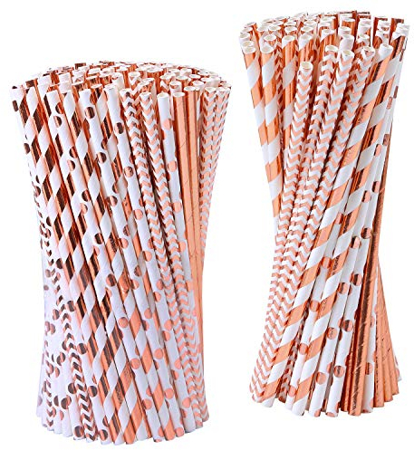 Tupa 200 Stück rosegold Papierhalme Einweg-Trinkhalme aus Papier biologisch abbaubar Folie rotgold gestreift und solide Papier-Strohhalme für Party Hochzeit Feier Dekorationen 4 Stil rose gold