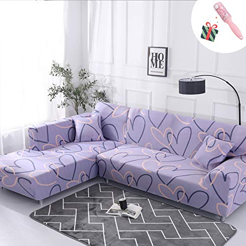 Elastisch Sofa Überwürfe Sofabezug, Morbuy Ecksofa L Form Stretch Antirutsch ArmlehnenSofahusse Sofa Abdeckung Hussen für Sofa Couchbezug Sesselbezug (3 Sitzer,Lila Herz)