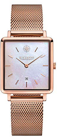 Kistanio Carre Damenuhr mit Milanaiseband Datum Edelstahl Rose Perlmutt Saphirglas CAR-RG-PM-M