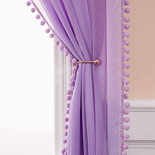 MIULEE Vorhänge mit Pompons-Wunderschöne Pompon Gardinen für Kinderzimmer Mädchen, Mädchenzimmer, Lila Transparent Gardinen mit Ösen, Schlafzimmer Wohnzimmer Vorhang mit Bommeln, 2X H 225 X B 140cm