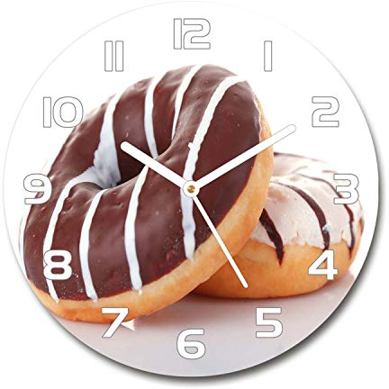Tulup Glasuhr ⌀ 30cm - weißen Zeigern - Wanduhr Wandkunst Bild Gehärtetem Glas Uhr Echtglas Küche Wohnzimmer - Donuts mit Schokolade