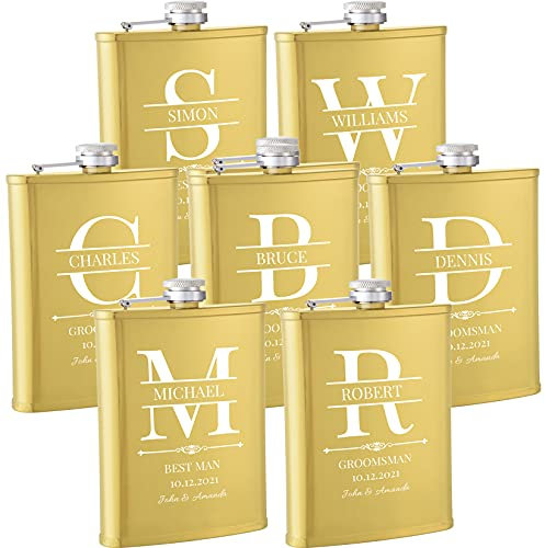 Flasques a Alcool Personnalisés, 7 Pièces Flasques Whisky Inox 304 8oz/227ml Personnalisables, Cadeaux Personnalisés Homme avec Texte pour Témoins du Marié Groomsman, Cadeau de Mariage (Doré)
