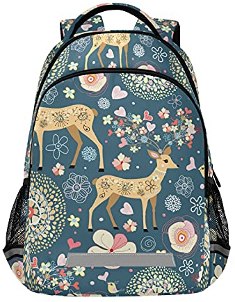 Mnsruu Rucksack mit Hirsch und Blumen, für Studenten, Jungen, Mädchen, Schultasche, Reise, Tagesrucksack, reh / hirsch, Einheitsgröße