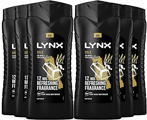 6 Pack of 500ml Lynx 12 Hour Refreshing Fragrance Gold Oud Wood and Vanilla Body wash with Plant-based Moisturisers & Dual Action Power, Keep Smelling Irresistible!