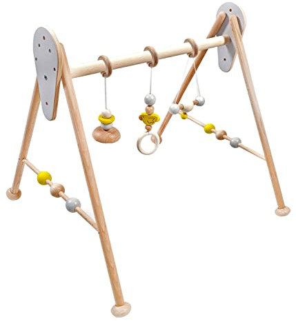 Hess Holzspielzeug 20041 - Spielgerät aus Holz, Nature Serie Ente in Gelb, für Babys, handgefertigter Spiel-Bogen mit Figuren und Rasseln, ca. 62 x 57 x 54,5 cm groß