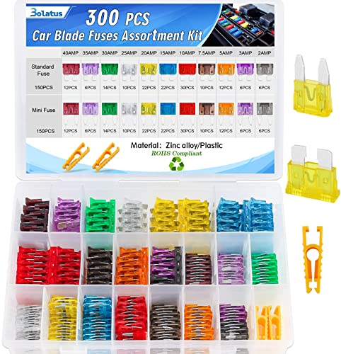 Bolatus KFZ Sicherungen, 300 Stk Auto Sicherungen Standard und Mini Autosicherungen Set Gemischt Flachsicherungen Autosicherung 2A 3A 5A 7.5A 10A 15A 20A 25A 30A 35A 40A mit 2 Sicherungszieher