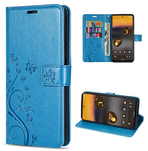 Hülle Kompatibel mit Google Pixel 6A | Premium PU Leder Handyhülle Wallet Case für Pixel 6A | Schutzhülle Blumen Klapphülle Handyhülle | Blau