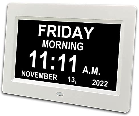 Inker 2024 Digital Calendar Day, 7.2'' Large HD Screen, am pm, 8 Alarm Dementia Clock, Extra Impaired Vision People, and Aged Seniors, Bed, Desk, Wall (Adapter Not Included), White