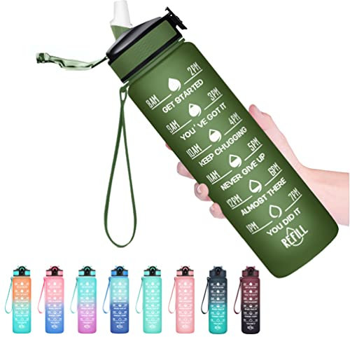 Hyeta Bouteilles d'eau de 950 ml avec temps pour boire et paille, bouteille d'eau motivante avec marqueur de temps, étanche, bouteille d'eau de sport pour fitness, salle de sport et extérieur