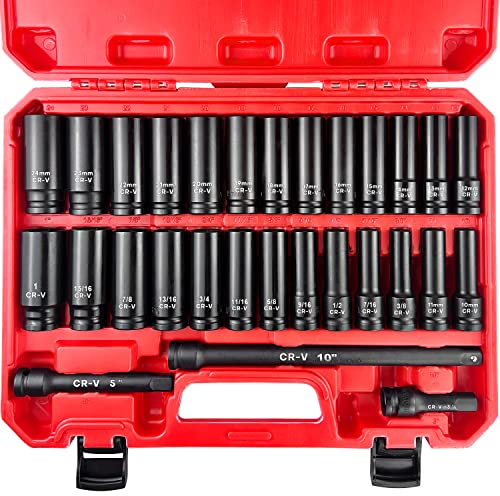 EACELIY 29pcs 1/2 Socket Set, Drive Deep Impact Socket Set, Including 3 , 5, 10 Impact Extension Bar, Standard SAE (3/8 - 1) and Metric (10mm-24mm), Cr-V Steel