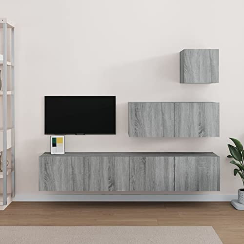 angyang 4-TLG. TV-Schrank-Set, Wohnwand, Anbauwand, Schrankwand Wohnzimmer, Wohnzimmer Wand, Grau Sonoma Holzwerkstoff