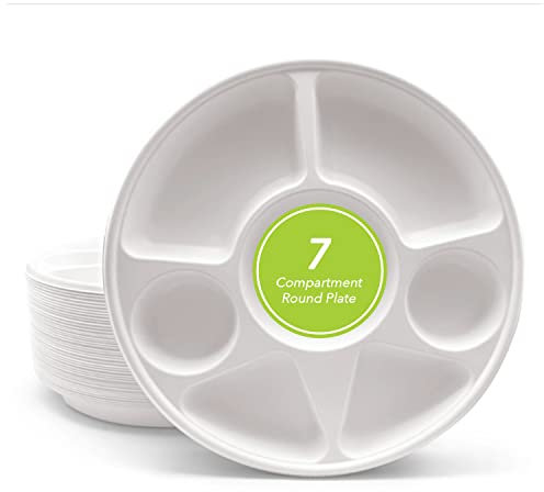 Three Leaf 7 COMPARTMENT BAGASSE ROUND PLATE, 200 Ct. Heavy-Duty- Super Strong- Natural- Eco-Friendly Disposable Bagasse Plates, 100% Biodegradable 7 compartment plates