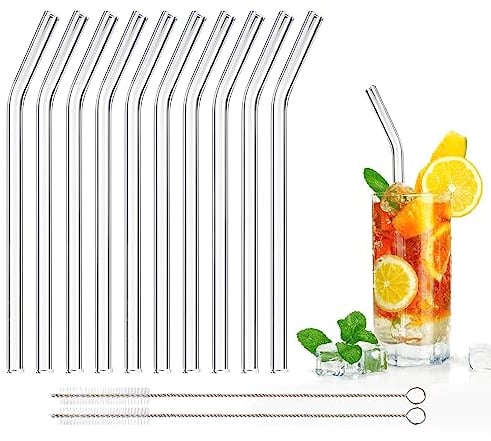 DONQL 10 Pcs Glass Straws Reusable Glass Straw Drinking Straws with 20cm Length Eco Friendly with 2 Cleaning Brushes Transparent Clear Straws Perfect for Milk Coffee Coctail (Curved)