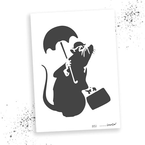 LaserCad Schablonen BANKSY Streetart (B051, Rat Umbrella Briefcase Bowler Hat, DIN A3) Stencil für Graffiti, Airbrush, Kunst, Deko, zum Malen