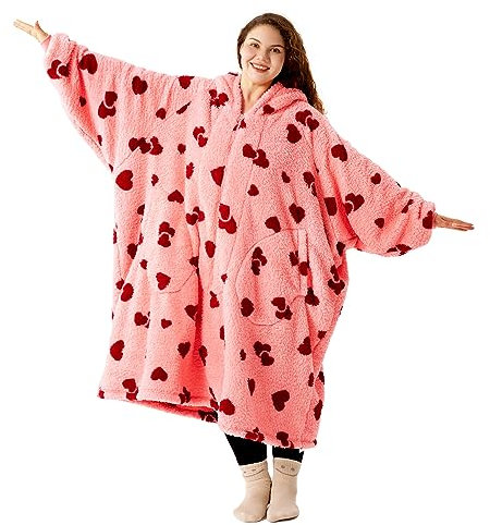 Winthome Plus size Blanket Hoodie for 90-150kg Women Men Adults, 6XL Oversized Sherpa Wearable Blanket with Lengthen Zipper (Pink Heart)